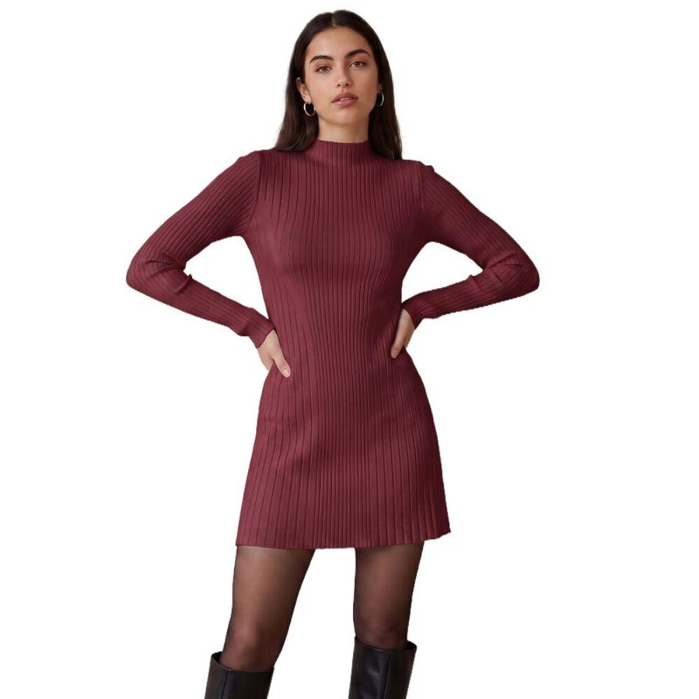 Women's Mock Neck Ribbed Knit Long Sleeve A-Line Mini Dress Dark Red